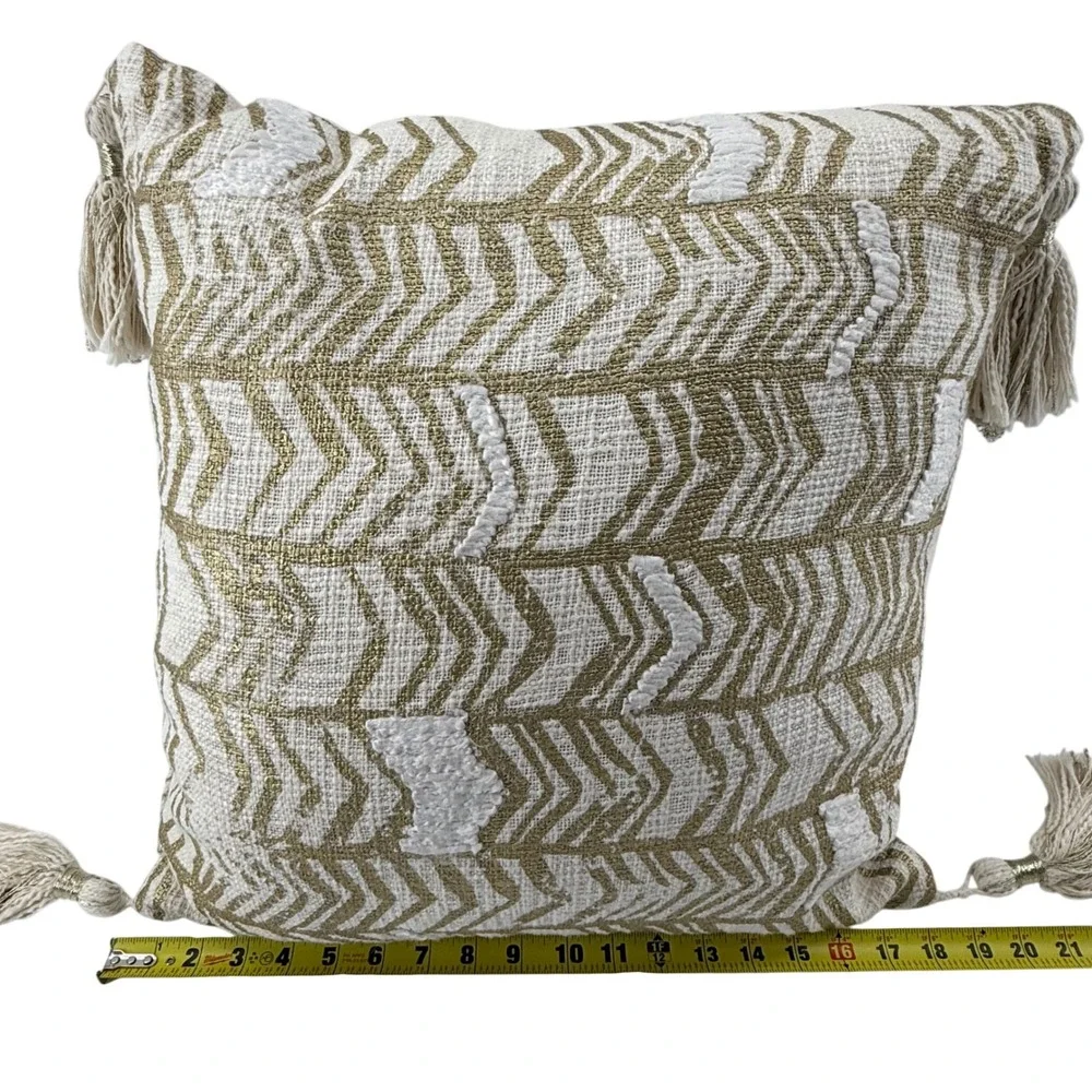 Max Studio 18x18 Throw Pillow Gold‎ Cream Chevron Tassel Boho Glam Decor
